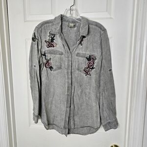Womens Olive Floral Embroidered Long Sleeve Button Front Shirt‎ S